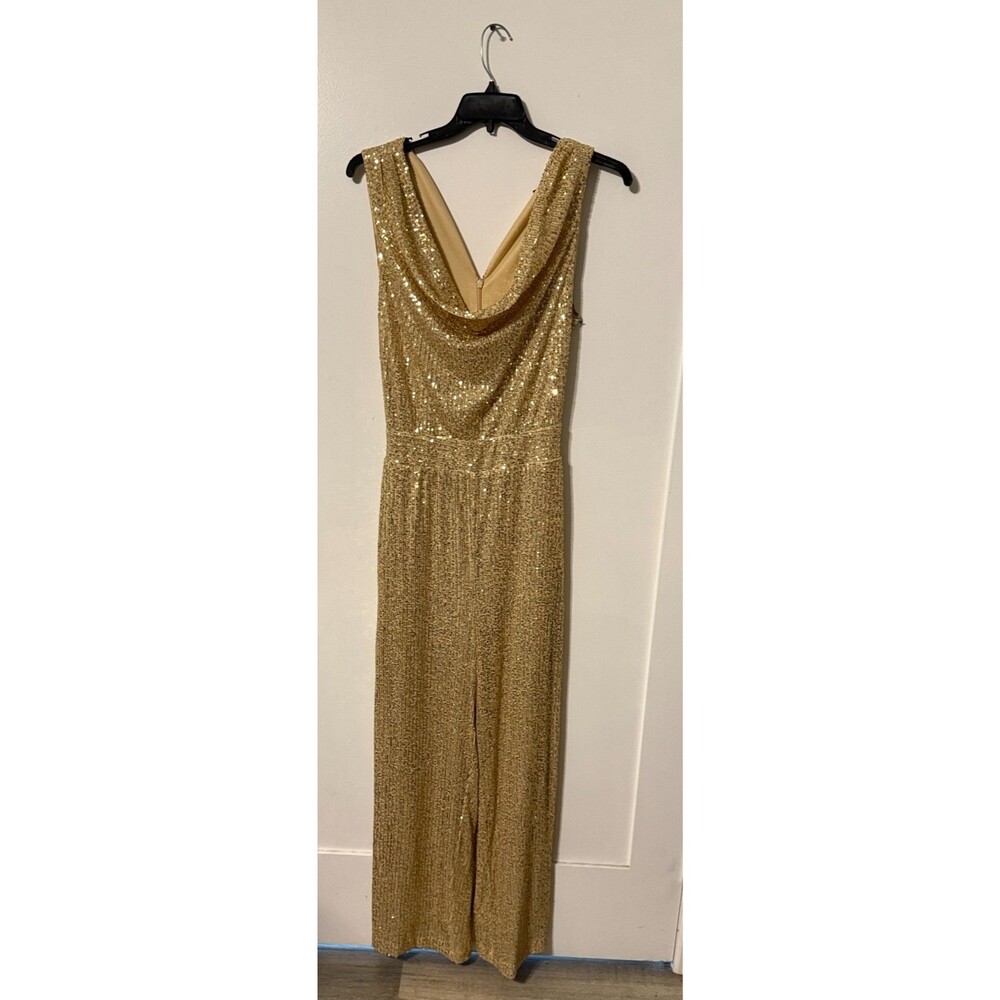 BOSTON PROPER Gold Sequins Drape Front Jumpsuit Size Large NWOT NO FLAWS/MINT
